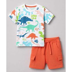 Babyhug 100% Cotton Knit Half Sleeves Dino Printed T-Shirt & Shorts Set - Orange