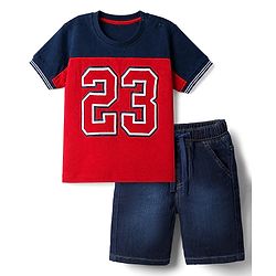 Babyhug Single Jersey Knit Half Sleeves T-Shirt and Shorts with Knee Length and 23 Applique in Blue