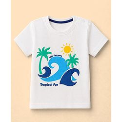 Babyhug Single Jersey Knit Denim Half Sleeves T-Shirts & Shorts Set with Beach Scene Print - White
