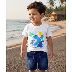 Babyhug Single Jersey Knit Denim Half Sleeves T-Shirts & Shorts Set with Beach Scene Print - White