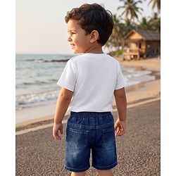 Babyhug Single Jersey Knit Denim Half Sleeves T-Shirts & Shorts Set with Beach Scene Print - White