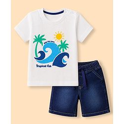 Babyhug Single Jersey Knit Denim Half Sleeves T-Shirts & Shorts Set with Beach Scene Print - White