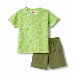 Babyhug 100% Cotton Single Jersey Knit Half Sleeves T-Shirt & Shorts Set Leaf Print - Green