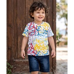 Babyhug Single Jersey Knit Half Sleeves T-Shirt and Shorts with Splatter Print - White