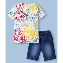 Babyhug Single Jersey Knit Half Sleeves T-Shirt and Shorts with Splatter Print - White