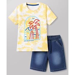 Babyhug Single Jersey Knit Half Sleeves T-Shirt & Denim Shorts Set With Beach Scene Print - Yellow
