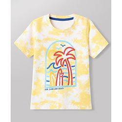 Babyhug Single Jersey Knit Half Sleeves T-Shirt & Denim Shorts Set With Beach Scene Print - Yellow