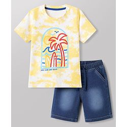 Babyhug Single Jersey Knit Half Sleeves T-Shirt & Denim Shorts Set With Beach Scene Print - Yellow