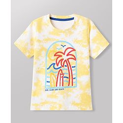 Babyhug Single Jersey Knit Half Sleeves T-Shirt & Denim Shorts Set With Beach Scene Print - Yellow