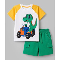 Babyhug 100% Cotton Knit Half Raglan Sleeves Dino & Tractor Printed T-Shirt & Shorts Set - Green & Yellow