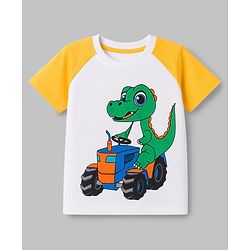 Babyhug 100% Cotton Knit Half Raglan Sleeves Dino & Tractor Printed T-Shirt & Shorts Set - Green & Yellow