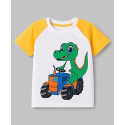 Babyhug 100% Cotton Knit Half Raglan Sleeves Dino & Tractor Printed T-Shirt & Shorts Set - Green & Yellow