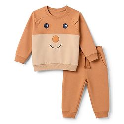 Babyhug Terry Knit Full Sleeves T-Shirt & Joggers Set With Applique - Brown