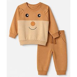 Babyhug Terry Knit Full Sleeves T-Shirt & Joggers Set With Applique - Brown