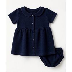 Babyhug Cotton Waffle Knit Frock and Bloomer with Half Sleeves in Navy Blue for New born