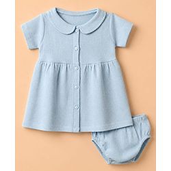 Babyhug Waffle Knit Half Sleeves Frock With Bloomer - Light Blue