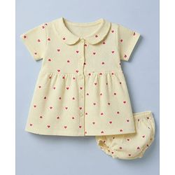 Babyhug Waffle Knit Frock and Bloomer with Half Sleeves and Hearts Print in Yellow for New born