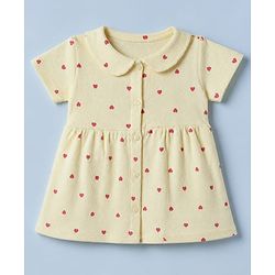 Babyhug Waffle Knit Frock and Bloomer with Half Sleeves and Hearts Print in Yellow for New born