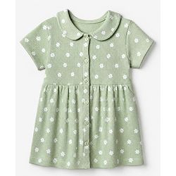 Babyhug Waffle Knit Half Sleeves Floral Printed Frock With Bloomer Set - Light Green