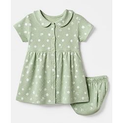 Babyhug Waffle Knit Half Sleeves Floral Printed Frock With Bloomer Set - Light Green