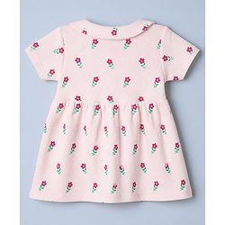 Babyhug Knit Waffle Frock and Bloomer with Half Sleeves and Floral Print in Pink