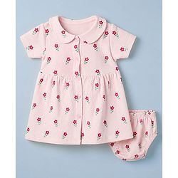 Babyhug Knit Waffle Frock and Bloomer with Half Sleeves and Floral Print in Pink