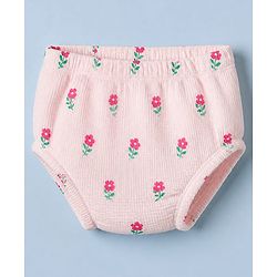 Babyhug Knit Waffle Frock and Bloomer with Half Sleeves and Floral Print in Pink