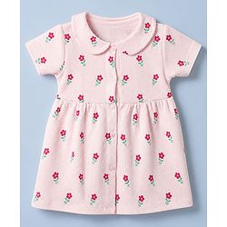 Babyhug Knit Waffle Frock and Bloomer with Half Sleeves and Floral Print in Pink