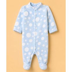 Babyhug Cotton Mixes Velour Knit Full Sleeves Winter Sleep Suit with Polka Dots Print - Light Blue