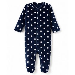 Babyhug Cotton Knit Full Sleeves Winter Wear Sleep Suit with Polka Dots Print - Navy Blue