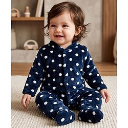 Babyhug Cotton Knit Full Sleeves Winter Wear Sleep Suit with Polka Dots Print - Navy Blue