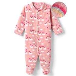 Babyhug Cotton Knit Full Sleeves Winter Wear Sleep Suit with Rainbow & Star Print - Pink