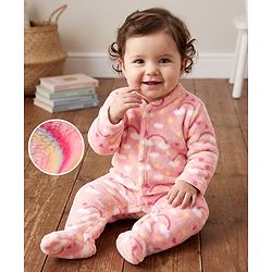 Babyhug Cotton Knit Full Sleeves Winter Wear Sleep Suit with Rainbow & Star Print - Pink