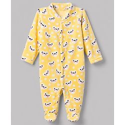 Babyhug Velour Cotton Knit  Full Sleeves Sleep Suit with Heart Print - Yellow