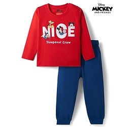 Babyhug Disney Single Jersey Knit Full Sleeves Co-Ords T-Shirt & Pyjama Night Suit with Mickey Mouse Print - Red