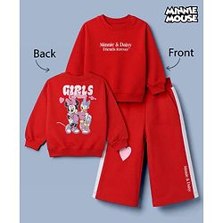 Babyhug Disney 100% Cotton Terry Knit Full Sleeves T-Shirt & Pant Set With Minnie Mouse & Daisy Graphic - Red