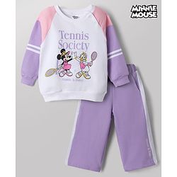 Babyhug Disney 100% Cotton Terry Knit Full Sleeves Cut & Sew T-Shirt and Pant Set With Minnie Mouse & Daisy Graphic - Purple