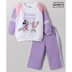 Babyhug Disney 100% Cotton Terry Knit Full Sleeves Cut & Sew T-Shirt and Pant Set With Minnie Mouse & Daisy Graphic - Purple