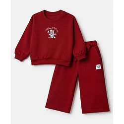 Babyhug Disney 100% Cotton Terry Knit Full Sleeves Sweatshirt and Pants with Full Length and Minnie and Daisy Front & Back Print in Maroon