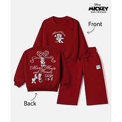 Babyhug Disney 100% Cotton Terry Knit Full Sleeves Sweatshirt and Pants with Full Length and Minnie and Daisy Front & Back Print in Maroon