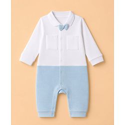 Babyhug 100% Cotton Interlock Woven Full Sleeves Colour Block Party Wear Romper with Attached Bow - White & Light Blue