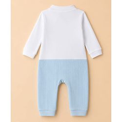 Babyhug 100% Cotton Interlock Woven Full Sleeves Colour Block Party Wear Romper with Attached Bow - White & Light Blue