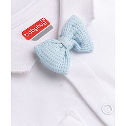Babyhug 100% Cotton Interlock Woven Full Sleeves Colour Block Party Wear Romper with Attached Bow - White & Light Blue