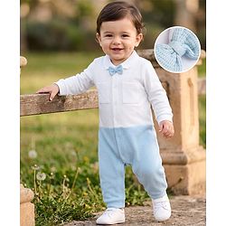 Babyhug 100% Cotton Interlock Woven Full Sleeves Colour Block Party Wear Romper with Attached Bow - White & Light Blue