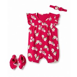 Babyhug 100% Cotton Interlock Knit Half Sleeves Floral Printed Romper with Hairband and Booties - Pink