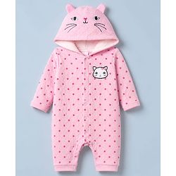Babyhug 100% Cotton Interlock Knit Full Sleeves Hooded Romper with Booties & Polka Dot Print - Pink