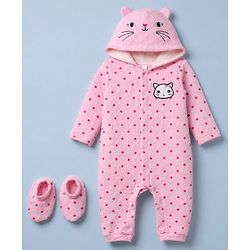 Babyhug 100% Cotton Interlock Knit Full Sleeves Hooded Romper with Booties & Polka Dot Print - Pink