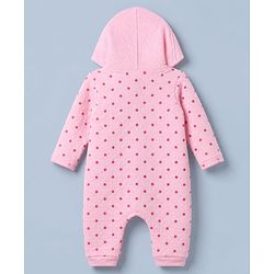 Babyhug 100% Cotton Interlock Knit Full Sleeves Hooded Romper with Booties & Polka Dot Print - Pink