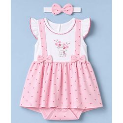 Babyhug 100% Cotton Interlock Knit Sleeveless Polka Dot & Bunny Printed Onesies With Hairband - Pink