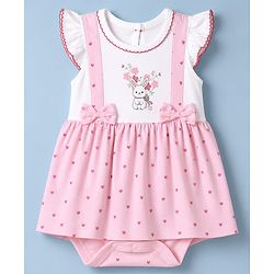 Babyhug 100% Cotton Interlock Knit Sleeveless Polka Dot & Bunny Printed Onesies With Hairband - Pink